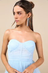 Lovely Flirtation Light Blue Tulle Strapless Bustier Mini Dress