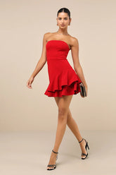 Sultry Intentions Red Strapless Ruffled Mini Dress