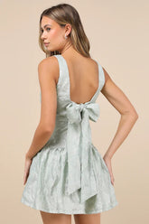 Exuberant Elegance Light Mint Jacquard Drop Waist Mini Dress