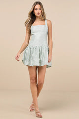 Exuberant Elegance Light Mint Jacquard Drop Waist Mini Dress