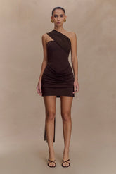 Mattea Slinky And Mesh Mini Dress With Scarf - Dark Chocolate