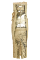 Cassia Strapless Sequin Rose Midi Dress - Gold