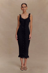 Shay Lace Ruffle Knit Midi Dress - Black