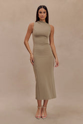 Taylor Draped Stretch Crepe Midi Dress - Mushroom