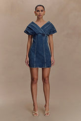 Pascale Off Shoulder Denim Mini Dress - Washed Dark Blue