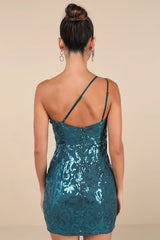 Sparkling Persuasion Teal Blue Sequin One-Shoulder Mini Dress