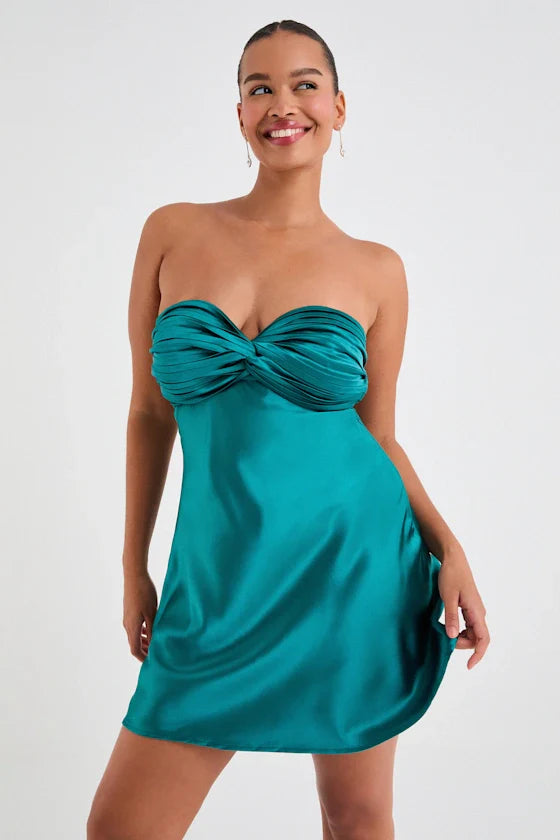 Narina Teal Green Satin Pleated Strapless Mini Dress