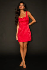 Perfectly Flirtatious Red Floral Jacquard Tie-Back Mini Dress