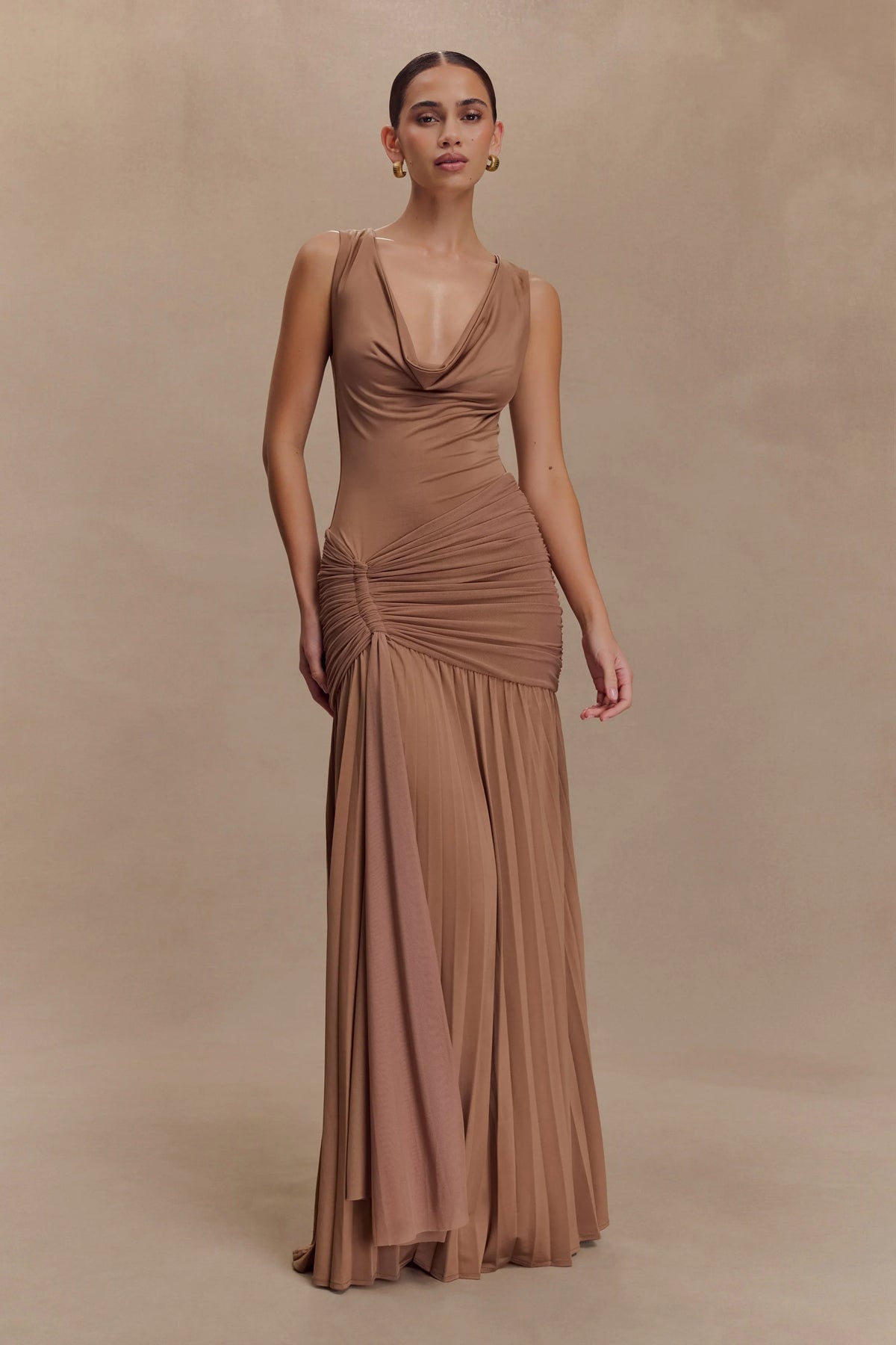 Dania Cowl Neck Slinky Maxi Dress - Mocha Mousse