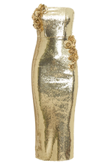 Cassia Strapless Sequin Rose Midi Dress - Gold