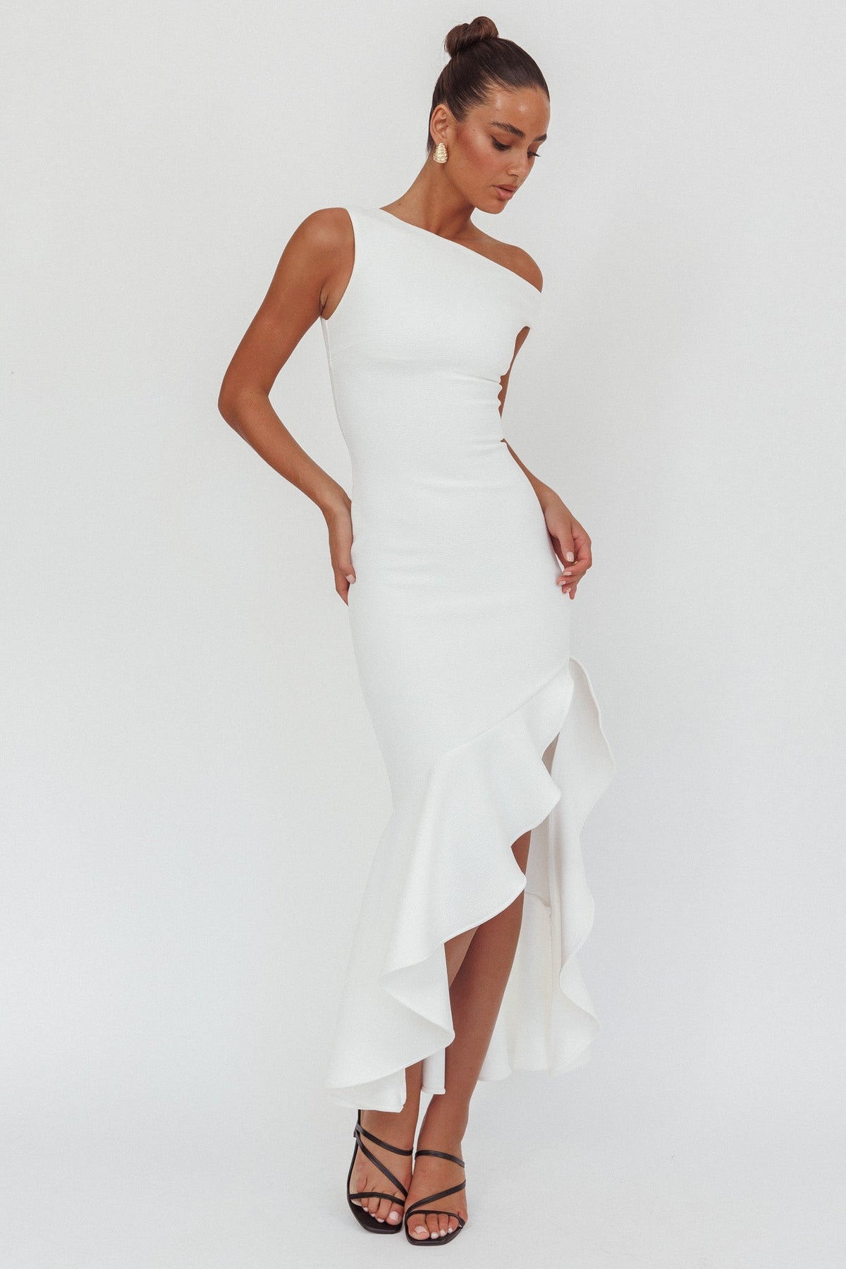 Lights On One-Shoulder Ruffle Hem Maxi Dress White