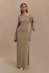 Nicola One Shoulder Crepe Maxi Dress - Mushroom