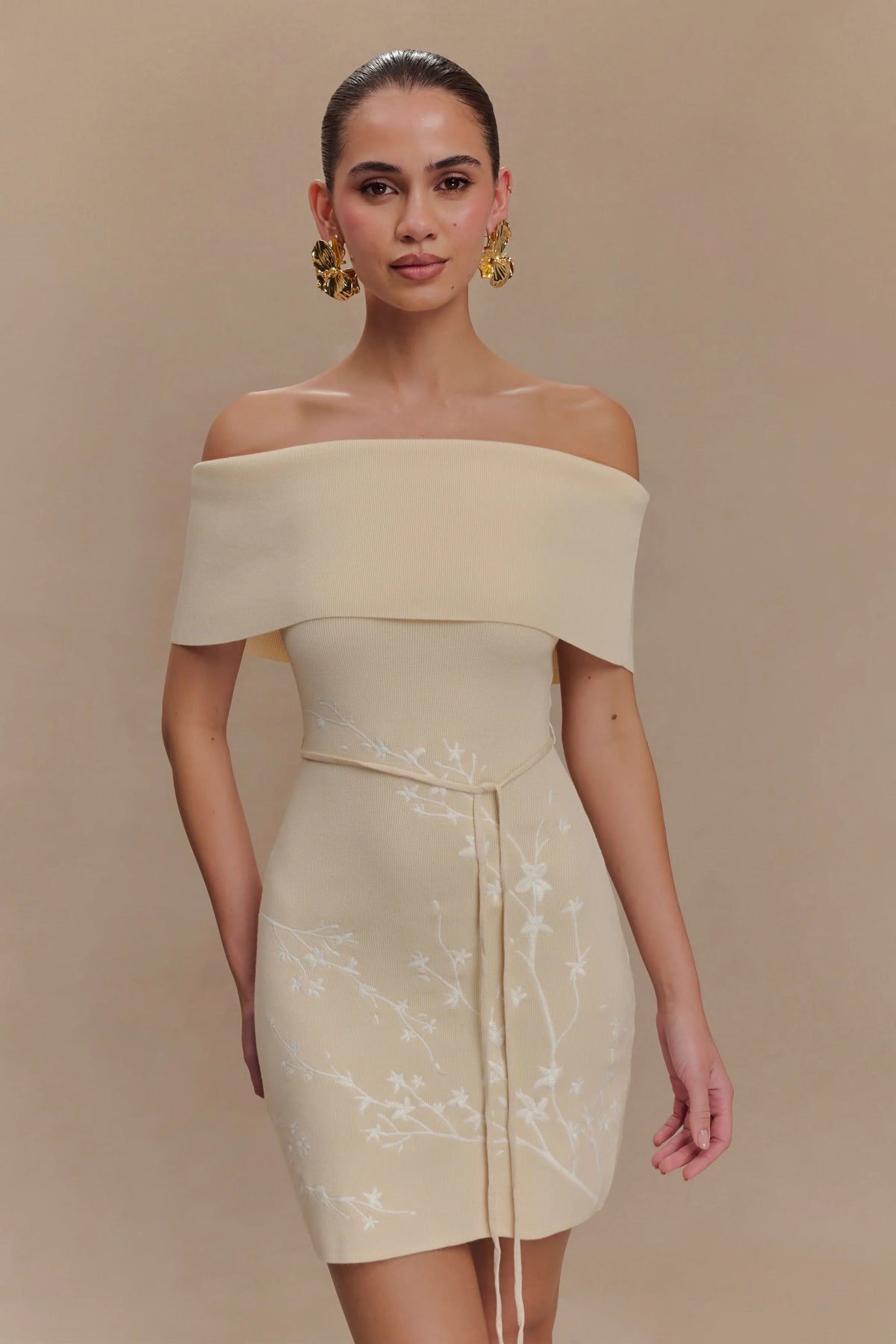 Mallory Off Shoulder Embroidered Knit Mini Dress - Cream And Ivory