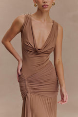 Dania Cowl Neck Slinky Maxi Dress - Mocha Mousse