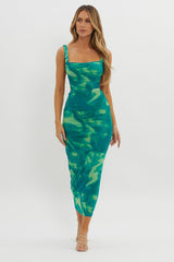 Dream Crush Lace-Up Back Side Split Maxi Dress Swirl Green