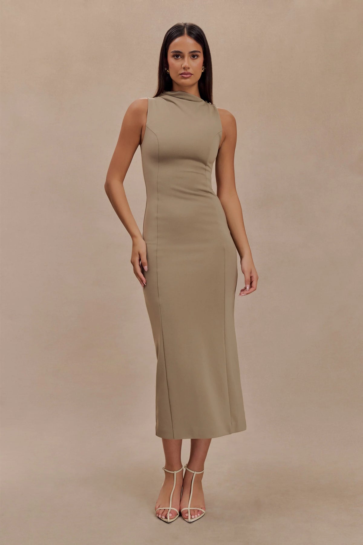 Taylor Draped Stretch Crepe Midi Dress - Mushroom