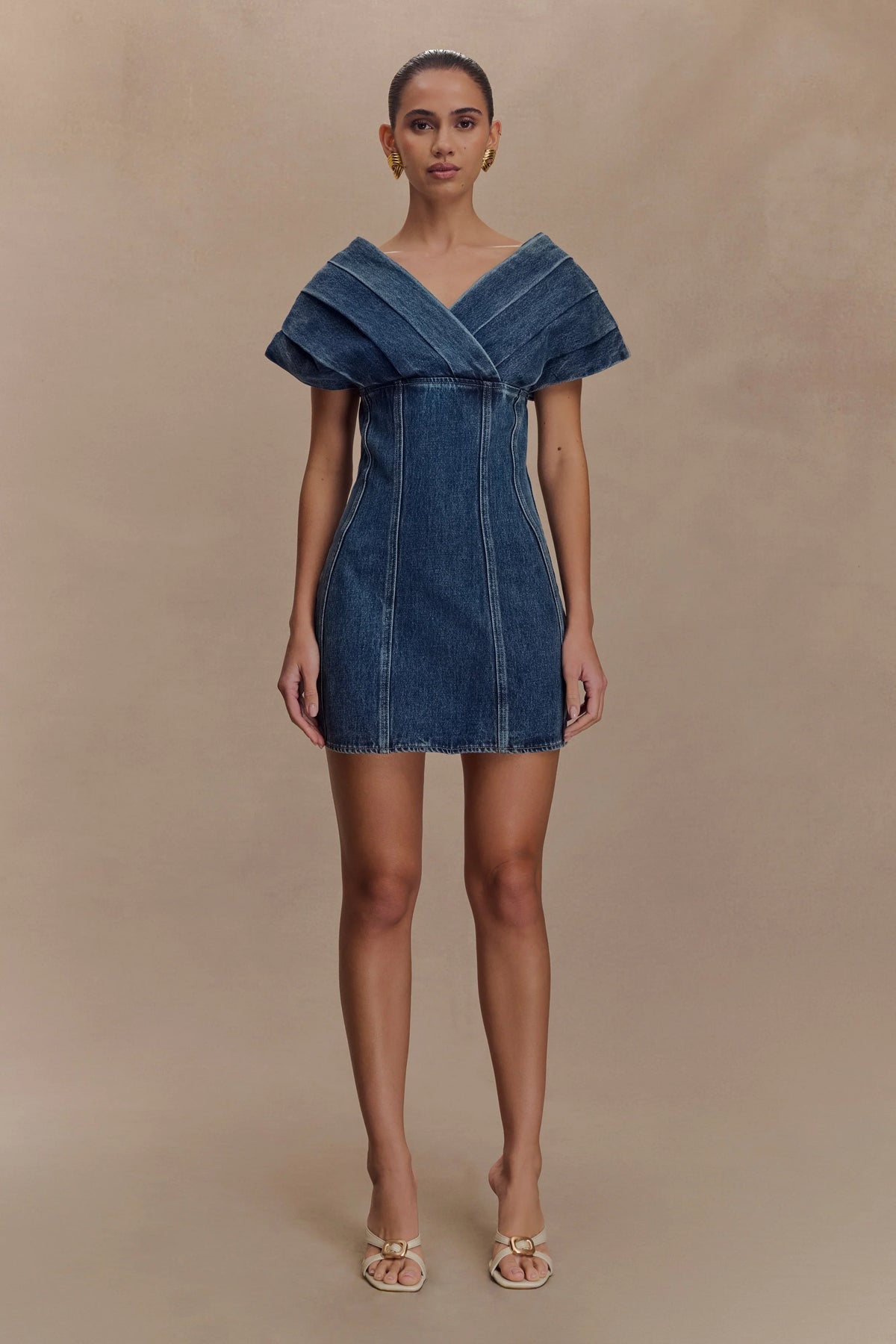 Pascale Off Shoulder Denim Mini Dress - Washed Dark Blue