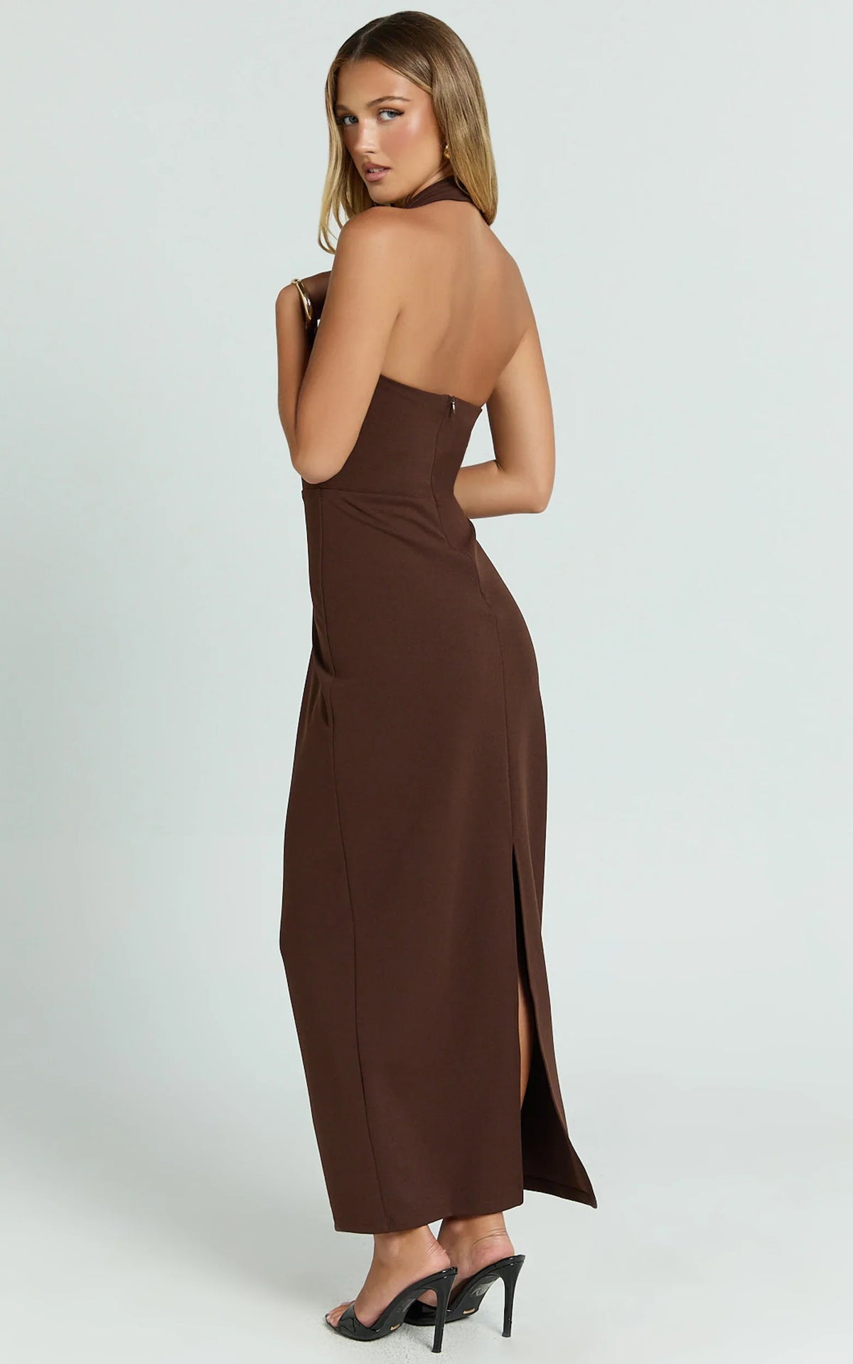 Salome Midi Dress Halter Neck Column Dress in Chocolate